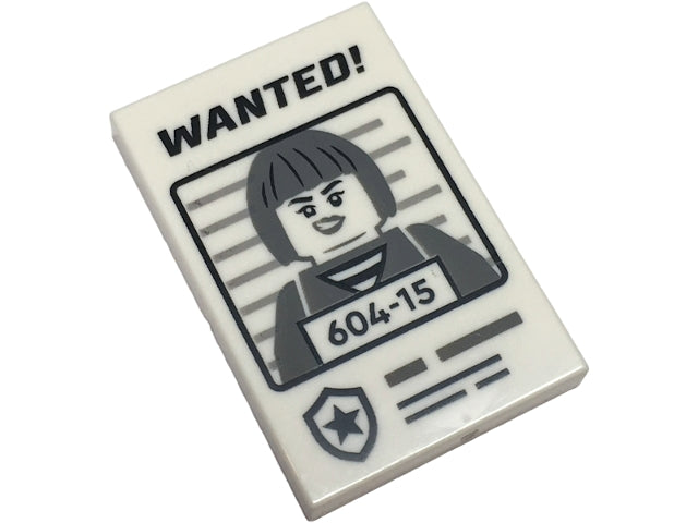 LEGO 26603pb389 - Tegel 2 x 3 met zwart 'WANTED!' en donker blauwgrijze minifiguur met '604-15' patroon