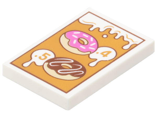LEGO 26603pb475 - Tile 2 x 3 with Dripping Icing, '.4' and '.5' Menu Prices, Tan Donuts / Doughnuts with Dark Pink and Reddish Brown Frosting on Medium Nougat Background Pattern