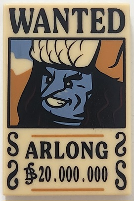 LEGO 2x3 tile featuring an Arlong Wanted Poster with a blue character, 'WANTED', 'ARLONG', and a 20,000,000 Berry bounty.