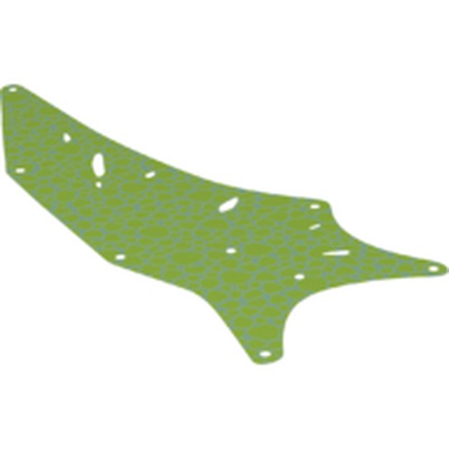 Green LEGO cloth wing piece, shaped like a right triangle, with a patterned scales texture and several small cutouts.