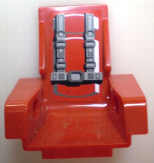 Red LEGO Technic seat part 2717pb05 with a sticker showing grey cushions and black and grey detailed seat belts.