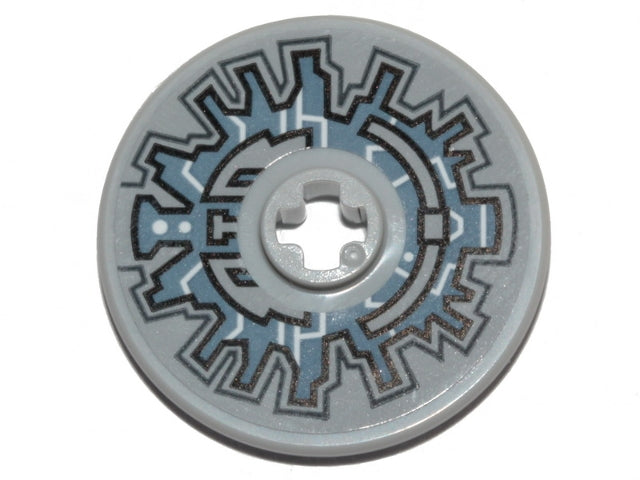 Light gray LEGO Technic 3x3 disk with black and light blue Millennium Falcon Hyperdrive pattern.