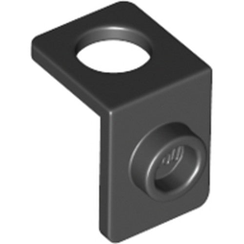 Black L-shaped LEGO Minifigure Neck Bracket with a hole on top and a hollow stud on the vertical back wall.