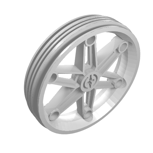 Light gray LEGO Technic Wheel 61.6mm D. x 13.6mm Motorcycle with ribbed tire tread and six spokes.