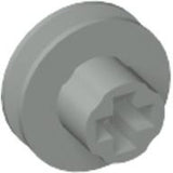 Grey LEGO 9V Micromotor Pulley (part 2983) with a flanged edge and a cross-axle connection hole.