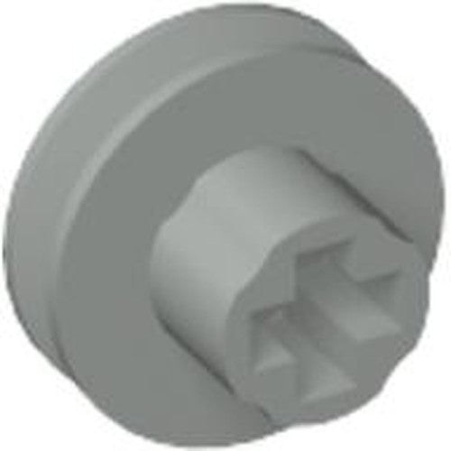 Grey LEGO 9V Micromotor Pulley (part 2983) with a flanged edge and a cross-axle connection hole.