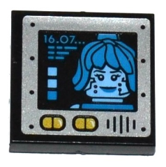 LEGO 2x2 black tile with silver screen showing a dark azure female minifigure head, '16.07...', blue bars, yellow buttons, and a speaker grille.