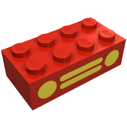 Red LEGO 2x4 brick with yellow car grille and headlights pattern (two circles and two horizontal lines)