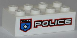 White 2x4 LEGO brick with a blue police star badge on the left and white 'POLICE' text with red outline.