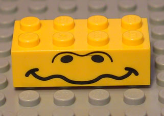A yellow LEGO 2x4 brick with a black face print: two nostrils and a wavy mouth pattern, on a grey baseplate.