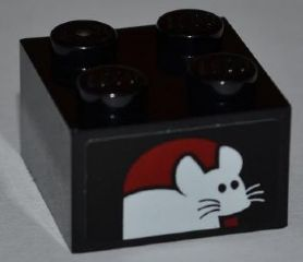 Black LEGO 2x2 brick with a white mouse peeking from a red archway pattern on one side.