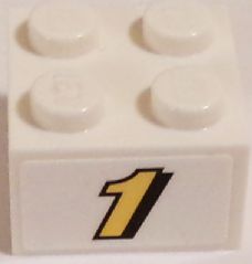 White LEGO 2x2 brick with a yellow number '1' outlined in black on a sticker.
