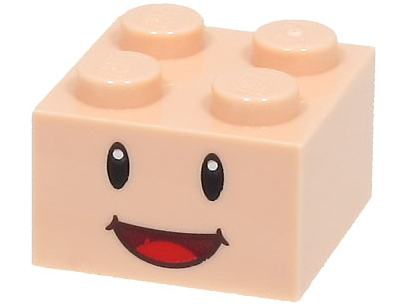 Beige LEGO 2x2 brick with black eyes, white pupils, and a dark red open mouth smile with a red tongue pattern.