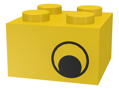 LEGO 3003pe1 yellow 2x2 brick with black eye offset pattern on opposite sides.