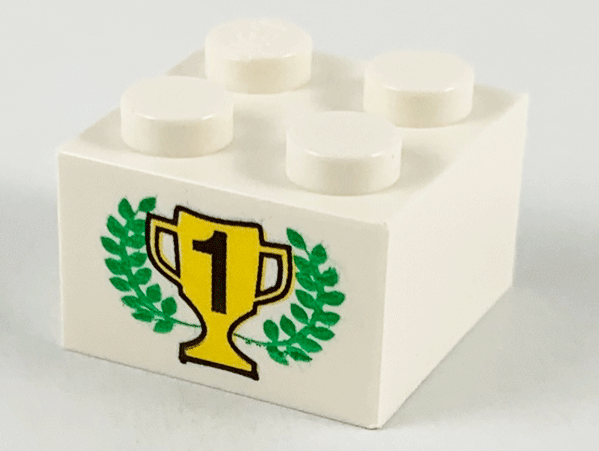 LEGO 3003px2 - Steen 2 x 2 met zwart nummer 1 op gele trofee beker, groen lauwerkrans patroon