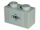 Light gray LEGO 1x2 brick with two studs, featuring a sticker on the side of a black repositioning rocket pattern.