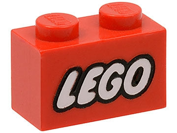 A red 1x2 LEGO brick with the white and black outline LEGO logo printed on its side.