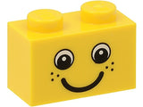 LEGO 3004pb085 yellow 1x2 brick with eyes, freckles, and smile pattern.