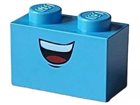 Light blue LEGO 1x2 brick with open mouth smile, top teeth, red tongue, and chin dimple pattern.