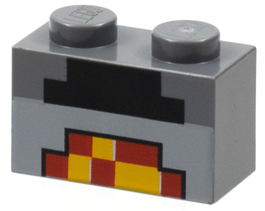 Gray LEGO 1x2 brick with a black, red, and yellow pixelated lit furnace pattern from Minecraft.