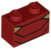 Dark red LEGO 1x2 brick 3004pb173 with black angled lines and two dark tan triangles pattern for BrickHeadz Iron Man MK50 abdomen.
