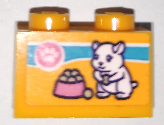 Orange LEGO 1x2 brick with sticker: white hamster holding a bone, pink food bowl, and pink paw print icon on a blue stripe.
