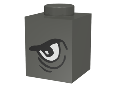LEGO 3005pb001 dark grey 1x1 brick featuring an angry black eyebrow and white eye on the left side.