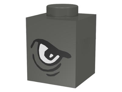 Dark gray LEGO 1x1 brick with angry black eyebrow and white eye pattern on the front face.