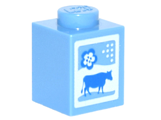 LEGO 3005pb016 - Steen 1 x 1 met blauwe koe en bloem op witte achtergrond patroon (Melkpak)