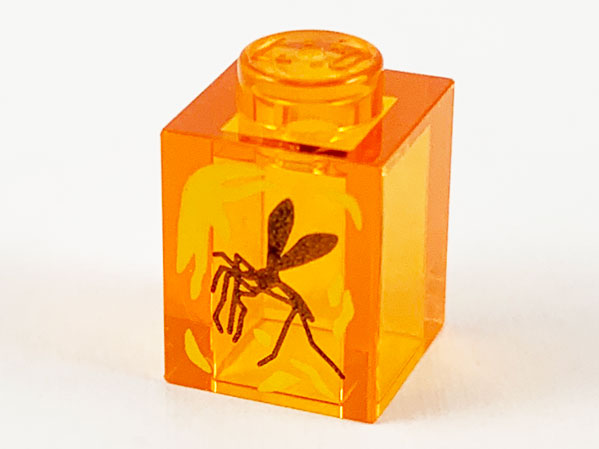 LEGO 1x1 brick with black mosquito and yellow streaks in transparent orange, resembling amber.