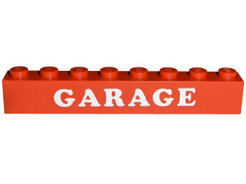 A red-orange 1x8 LEGO brick with eight studs, featuring 'GARAGE' printed in white capital letters.