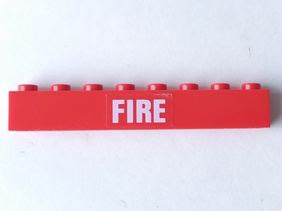 A red LEGO 1x8 brick with a white 'FIRE' sticker or pattern, part 3008pb111, commonly found in set 7239.