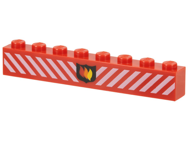 Red LEGO Duplo 1x8 brick with white danger stripes pattern and a black shield fire logo badge.