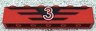 LEGO 3009pb016 - Red 1x6 brick featuring a black stripe pattern and a white-outlined red number 3.