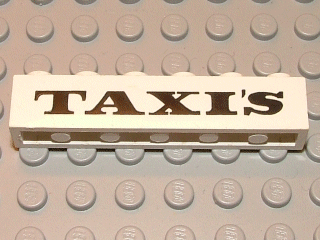 A white LEGO 1x6 brick with 'TAXI'S' printed in black serif bold font, sitting on a grey LEGO baseplate.