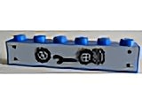 Light gray LEGO 1x6 brick with blue studs and black wrench and three wheels with tires pattern on the side.
