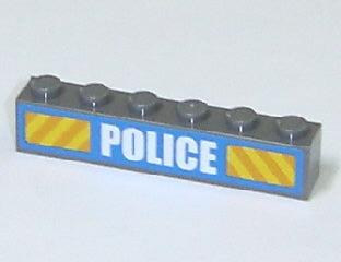 LEGO 3009pb122 - Steen 1 x 6 met wit 'POLICE' lettertype en gele diagonale strepen op blauwe ondergrond (sticker) - Set 7743