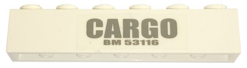 White LEGO 1x6 brick with 'CARGO' and 'BM 53116' pattern sticker.