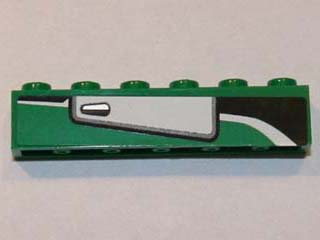 Green LEGO 1x6 brick, part 3009pb179R, with a white and black door pattern on its right side, featuring a silver handle.