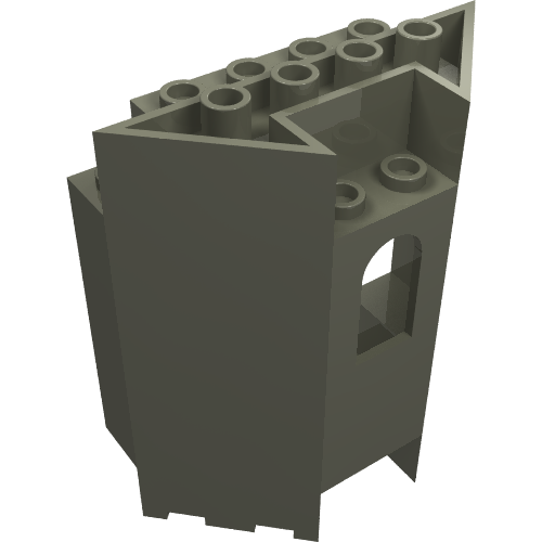 Dark grey LEGO Panel 3x6x6 Double Wall with Window, showing studs on top and a window on the side.