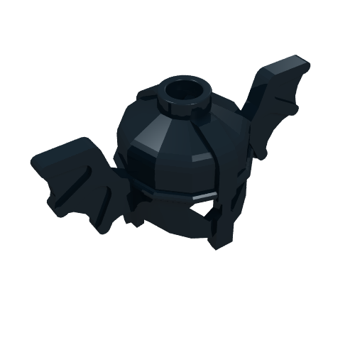 Black LEGO minifigure headgear helmet with attached bat wings on the sides, viewed from an angle.
