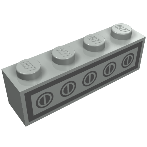 Light grey LEGO 1x4 brick with four studs, featuring a dark grey Homemaker stove switch pattern on its side.