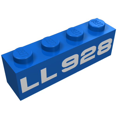 Blue LEGO 3010p928 1x4 brick with white 'LL 928' pattern on its side.