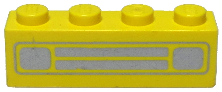 Yellow 1x4 LEGO brick with a printed silver car grille pattern on its side, featuring two headlights and two horizontal bars.
