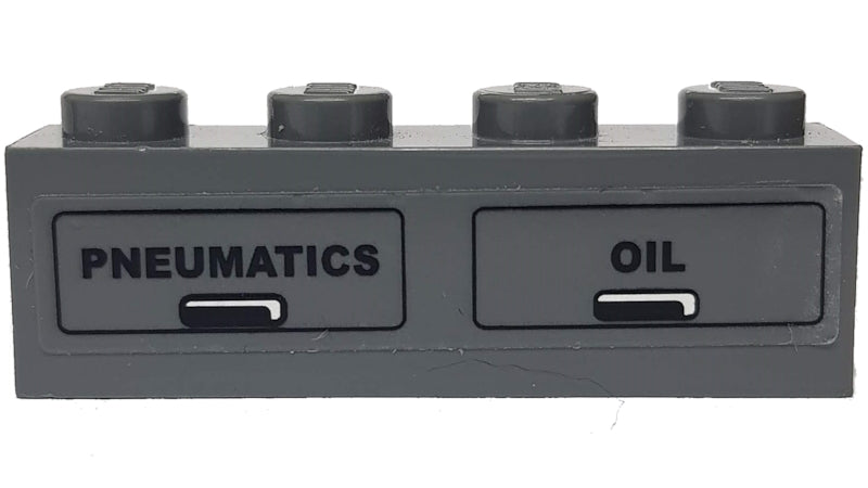 LEGO 3010pb052R - Brick 1 x 4 with Black 'PNEUMATICS' and 'OIL' Pattern (Sticker) - Set 7938