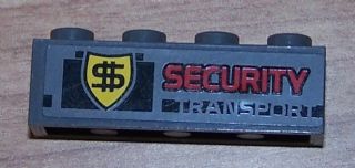Grey LEGO 1x4 brick with red 'SECURITY' and black 'TRANSPORT' text, and a yellow shield with a dollar sign.