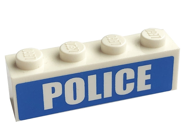 White LEGO 1x4 brick with 'POLICE' in bold white on a blue background sticker. Four studs on top.