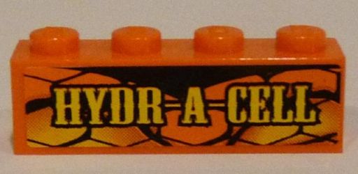 Orange 1x4 LEGO brick with a sticker featuring 'HYDR-A-CELL' in yellow on a cracked orange and yellow background.