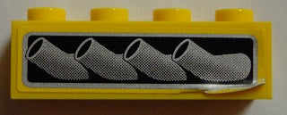 Yellow LEGO 1x4 brick with a sticker depicting four grey vehicle exhaust pipes pattern on a black background, slightly peeled.