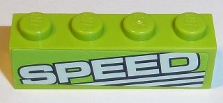 Lime green LEGO 1x4 brick with white 'SPEED' text and horizontal black lines pattern on its side.